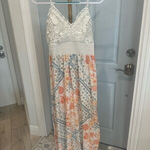 White and Orange Floral Maxi Dress
